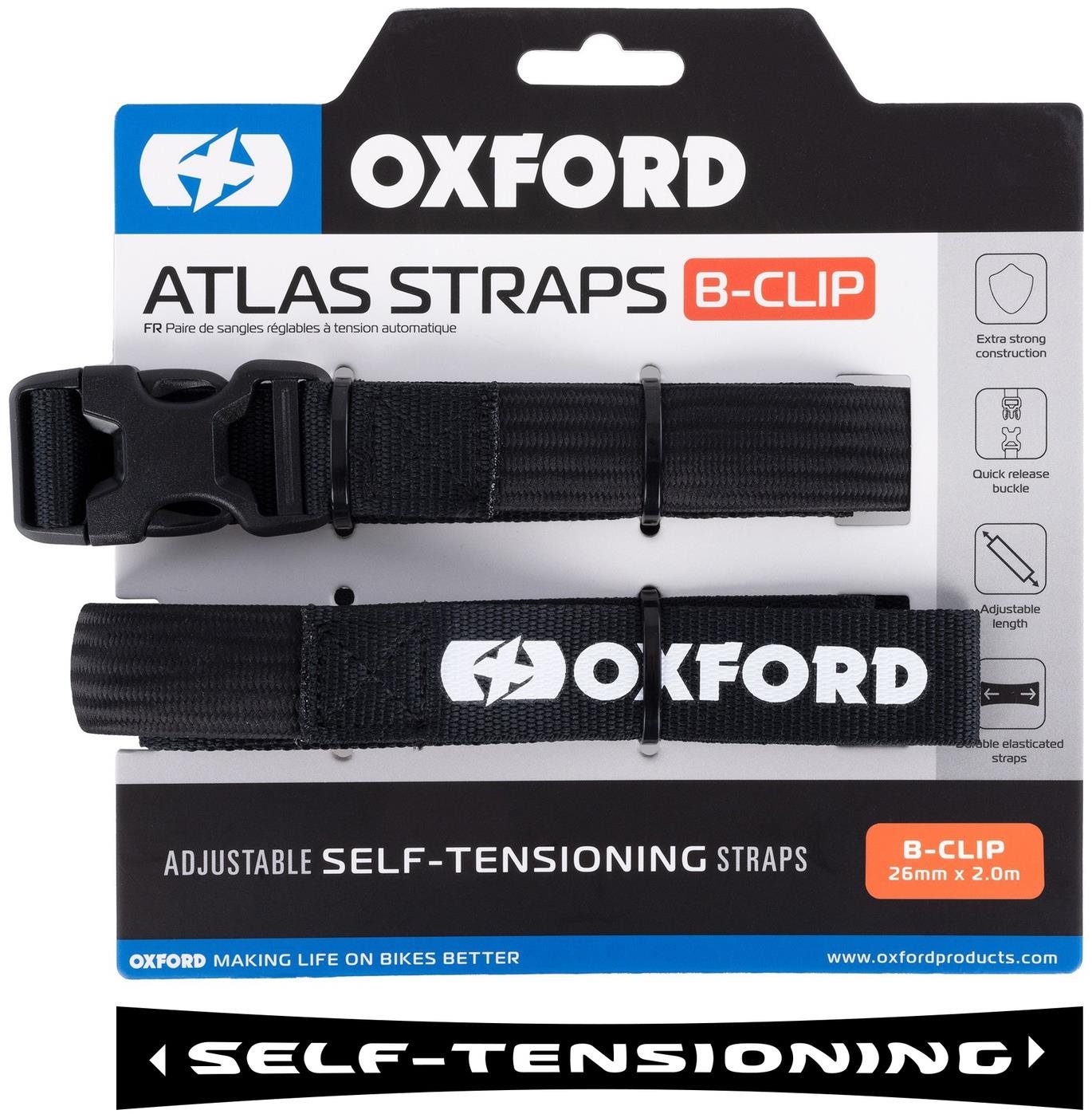 OXFORD batožinové popruhy Atlas B-Clip, 2 ks, 26 mm × 2 m, čierne...