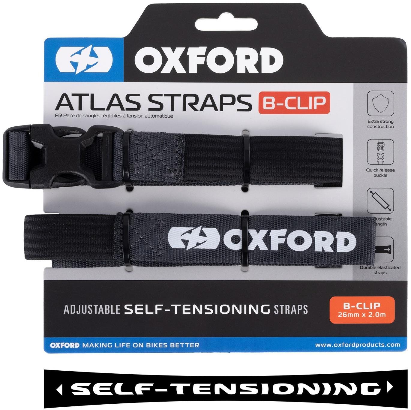 OXFORD batožinové popruhy Atlas B-Clip, 2 ks, 26 mm × 2 m, sivé...