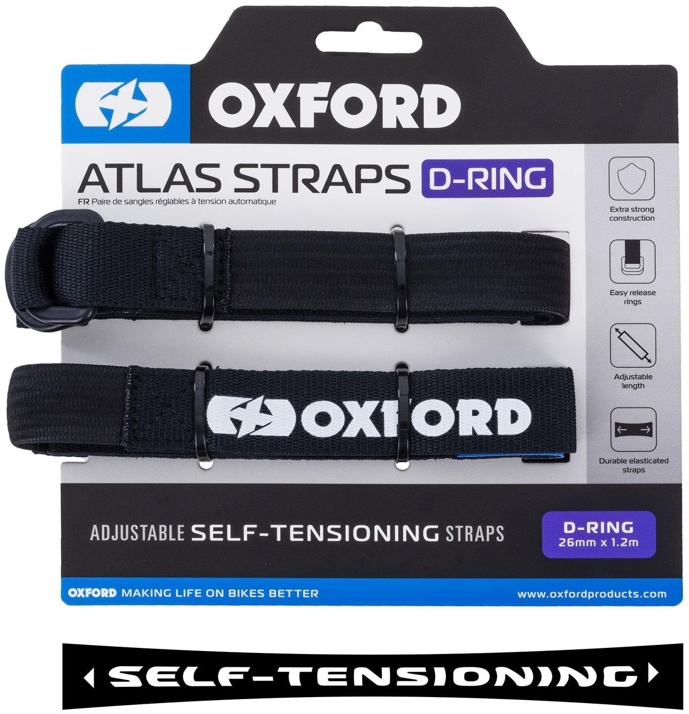 OXFORD batožinové popruhy Atlas D-Ring, 2 ks, 26 mm × 1,2 m, čierne...