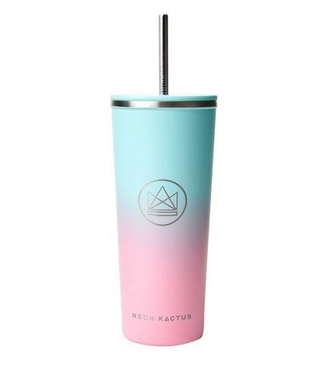 Neon Kactus Design Becher 710 ml türkis/rosa, Edelstahl Trinkbecher
