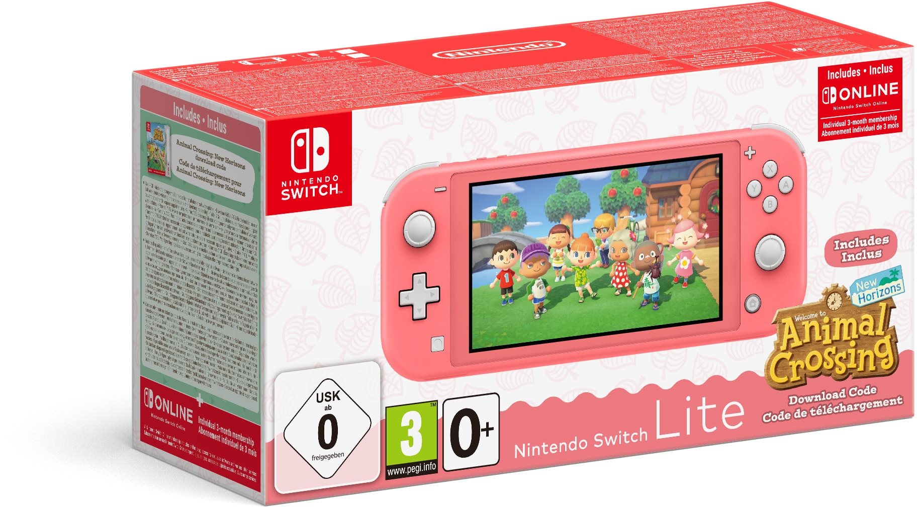 Nintendo Switch Lite - Coral + Animal Crossing + 3M NSO Game Console