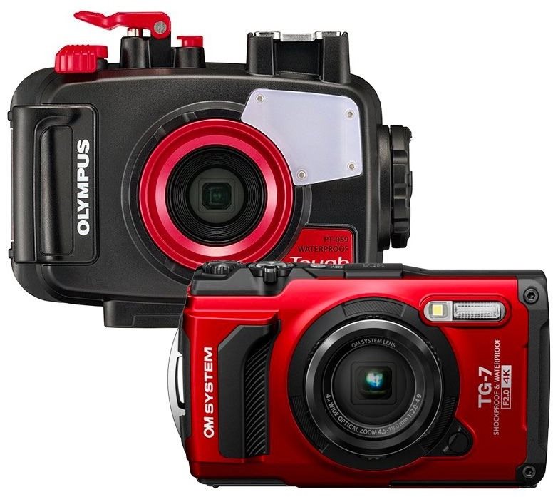 OM System TG-7 piros + PT-059 víz alatti tok Digitális fényképezőgép