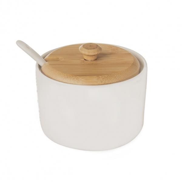 Orion Porcelán cukortartó/fa+kanál WHITELINE 9,5 cm-es átmérő...
