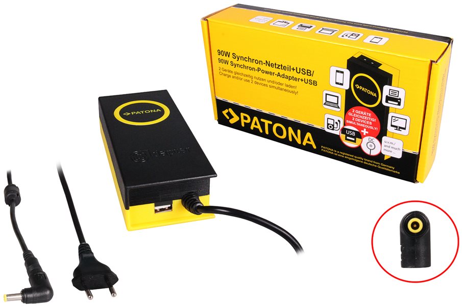 PATONA für Laptop/ 19V/4.7A 90W/ Stecker 5.5x3mm/ + USB Ausgang...