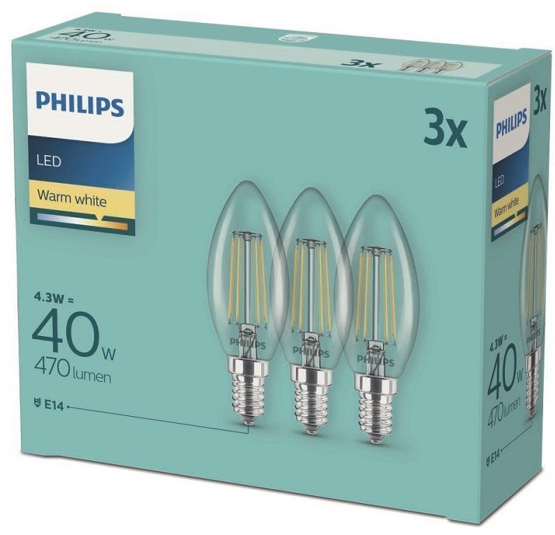 Philips LED classique 4,3-40W, E14 2700K, 3pcs Ampoule LED