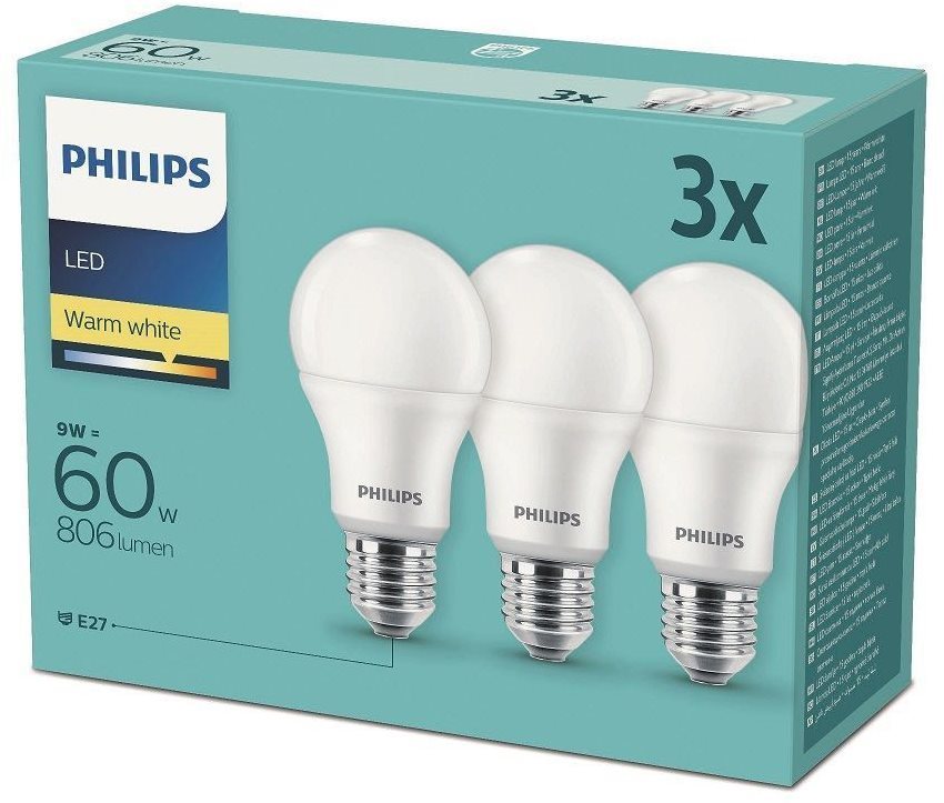Philips LED 9 – 60W, E27 2700 K, 3 ks LED žiarovka