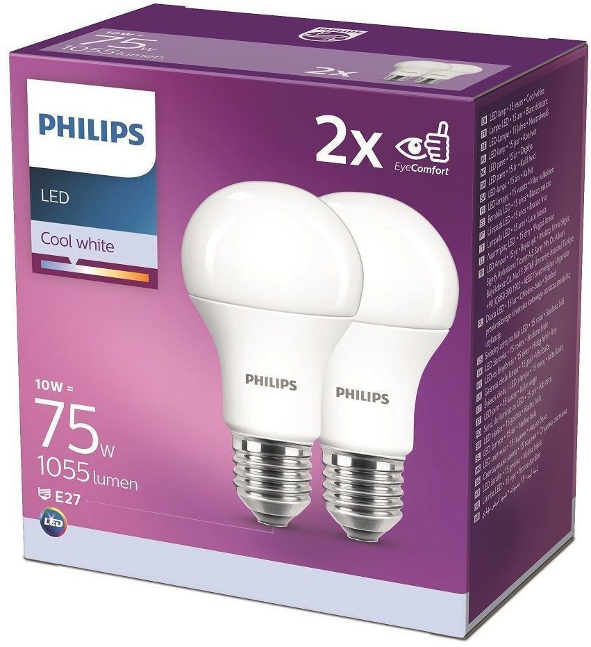 Philips LED 10-75W, E27 4000K, 2 db LED izzó