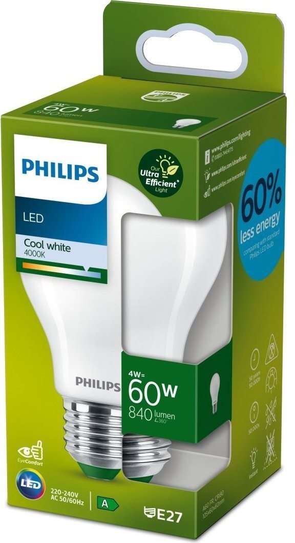 Philips LED 4-60W, E27, 4000K, tejfehér, A LED izzó