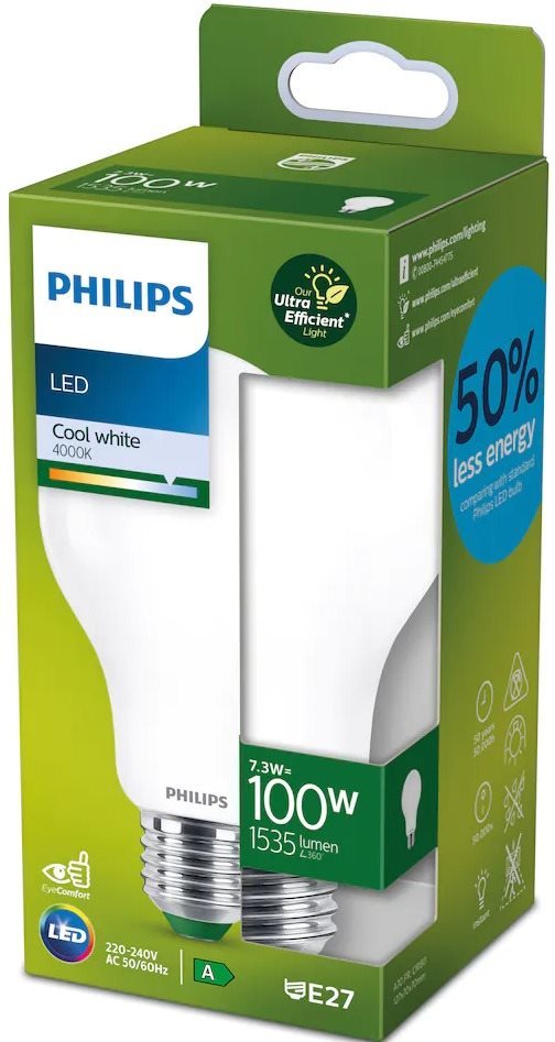 Philips LED 7,3 – 100 W, E27, 4000 K, mliečna, A LED žiarovka