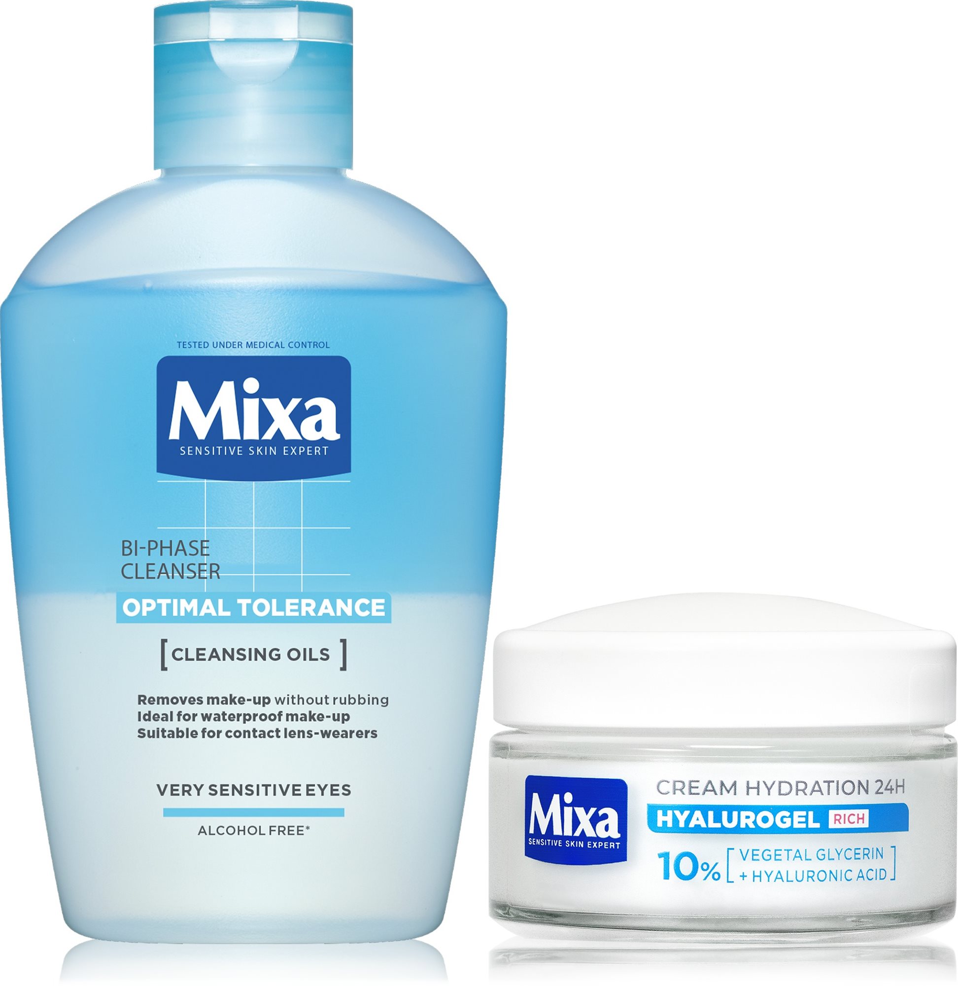 MIXA Hyalurogel rich cream + odličovač očí súprava 175 ml...