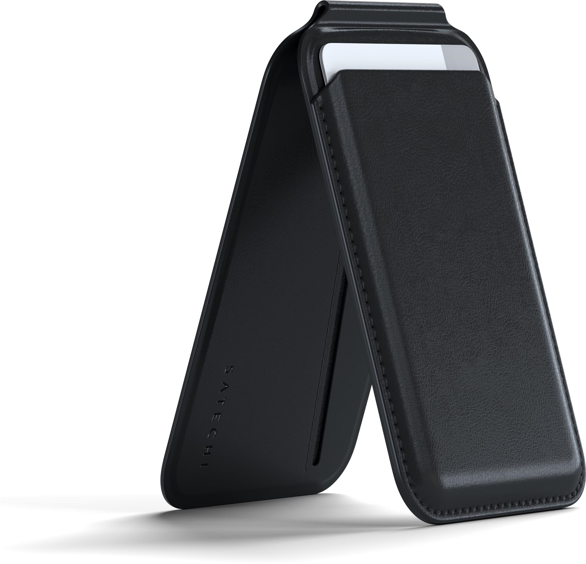 Satechi Vegan-Leather Magnetic Wallet Stand Black MagSafe tárca