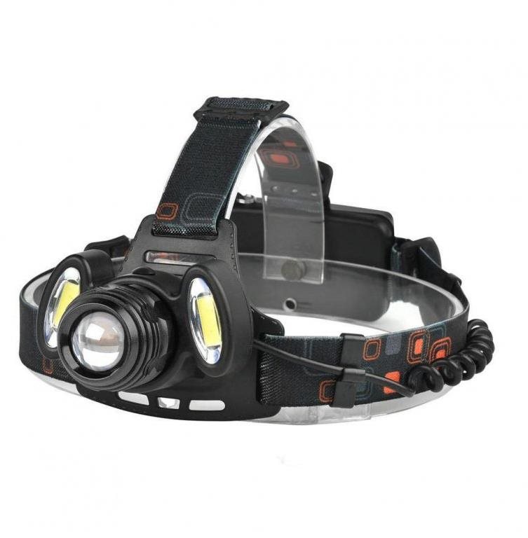 Nabíjacia čelovka HEADLIGHT s tromi svetlometmi a zoomom – čierna...