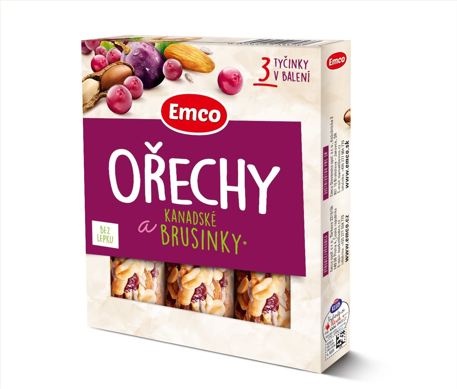 Emco Tyčinka s ořechy a kanadskými brusinkami 3x35g Cereální tyčinka