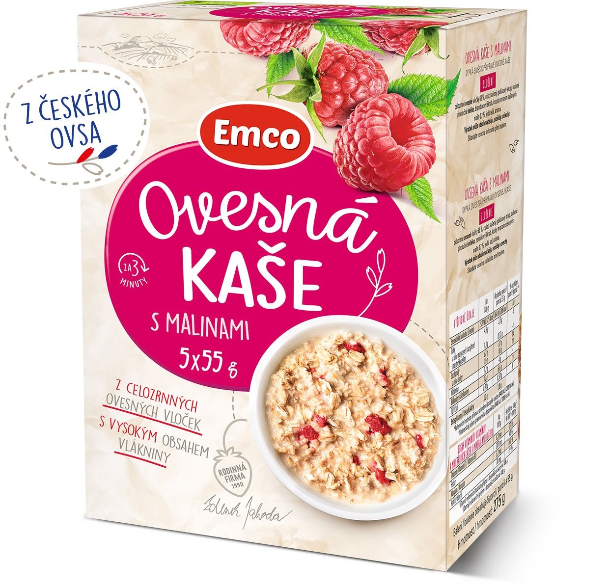 Emco Ovsená kaša s malinami 5 × 55 g Ovsená kaša