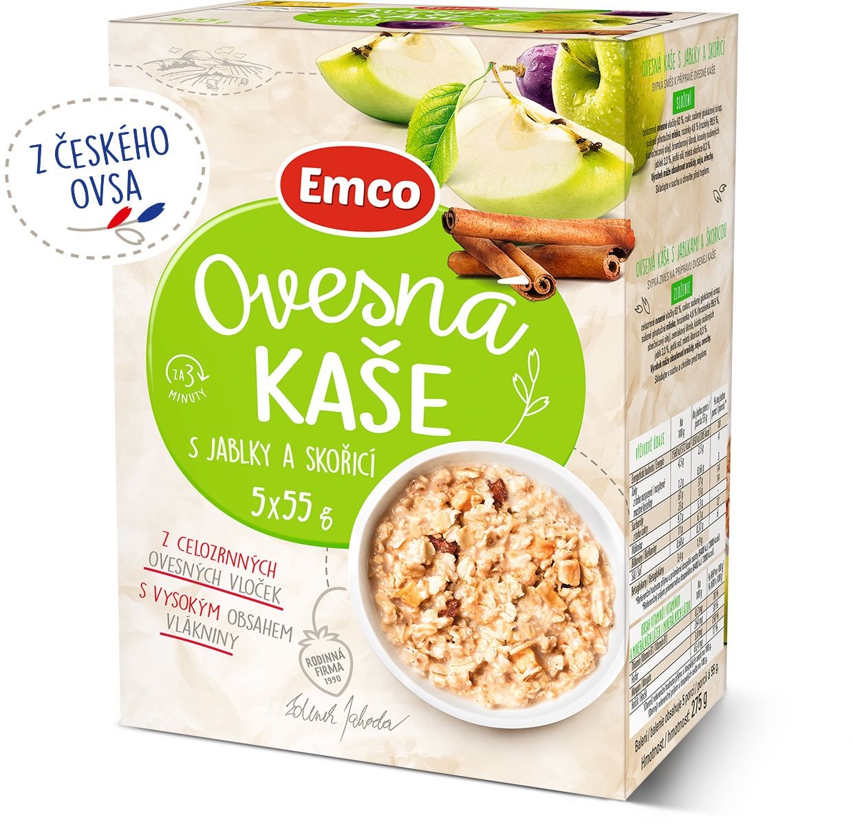 Emco Ovsená kaša s jablkami a škoricou 5 × 55 g Ovsená kaša