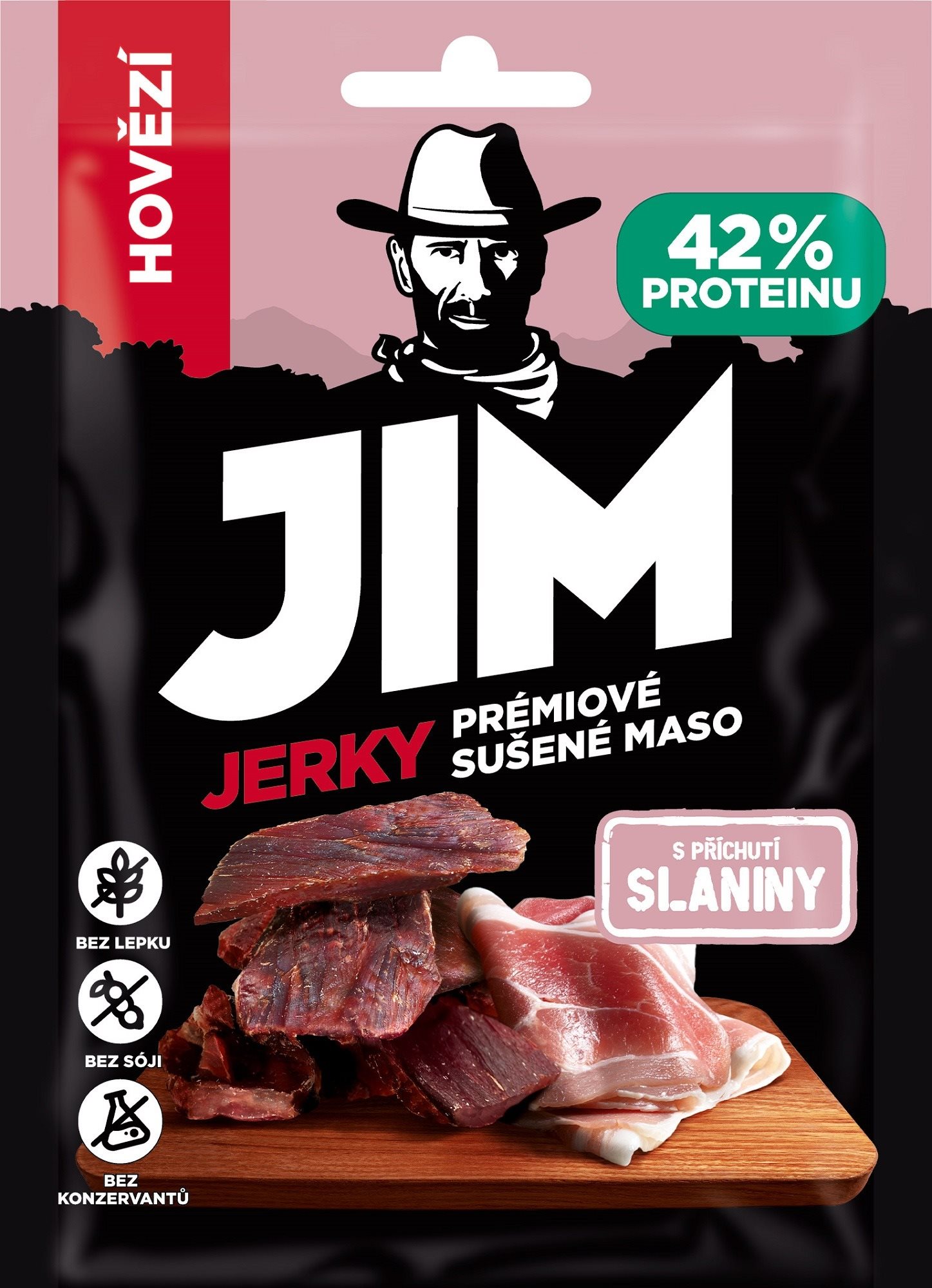 JIM JERKY hovädzie s príchuťou slaniny 23 g Sušené mäso