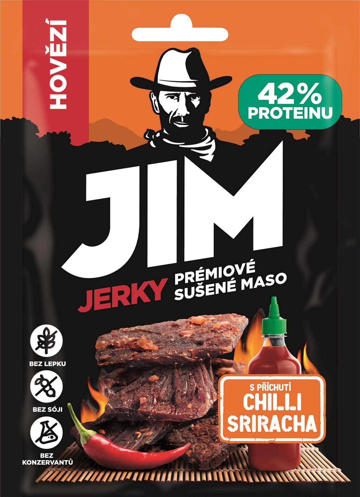 JIM JERKY hovädzie s príchuťou Chilli Sriracha 23 g Sušené mäso