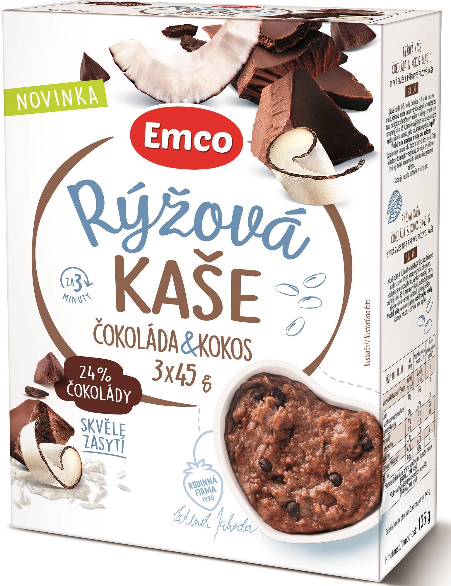Emco Rýžová kaše čokoláda & kokos, 3 × 45 g Rýžová kaše