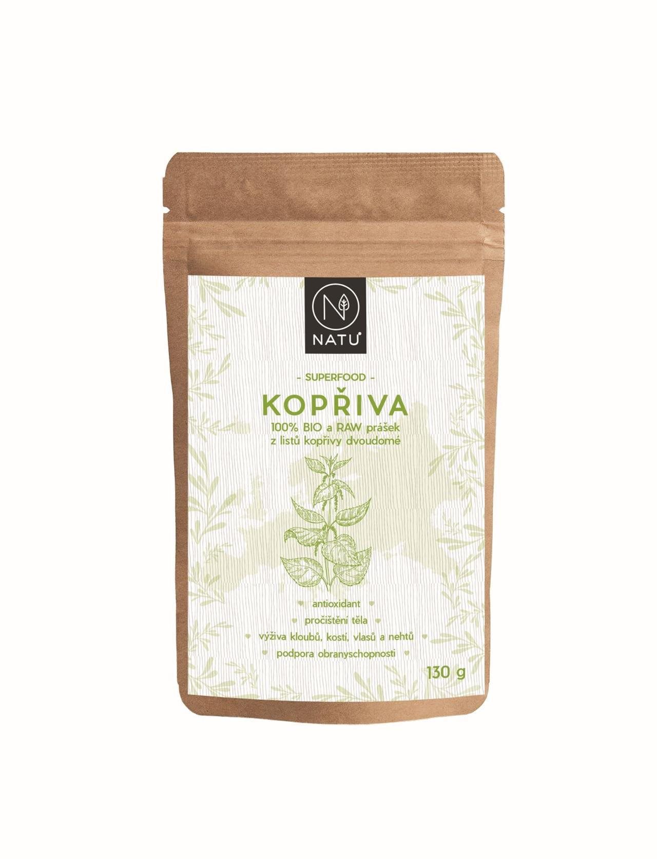 NATU Kopřiva list prášek BIO, RAW 130 g Doplněk stravy