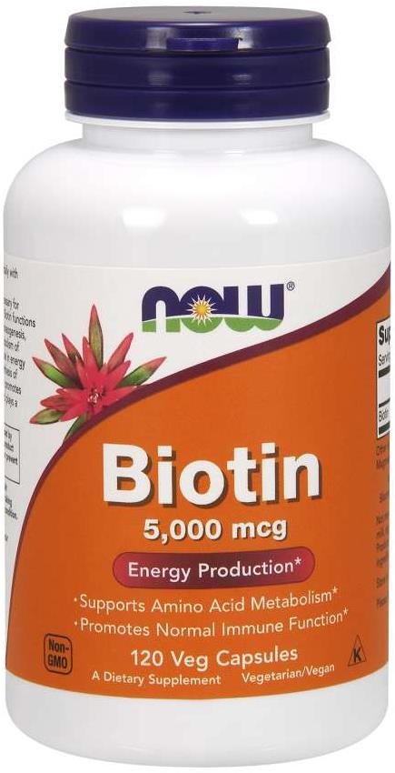 NOW Biotin, 5000 ug, 120 rostlinných kapslí Vitamín B