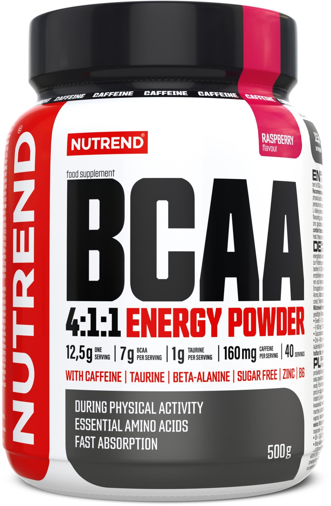 Nutrend BCAA Energy Mega Strong Powder 500 g, malina Aminokyseliny