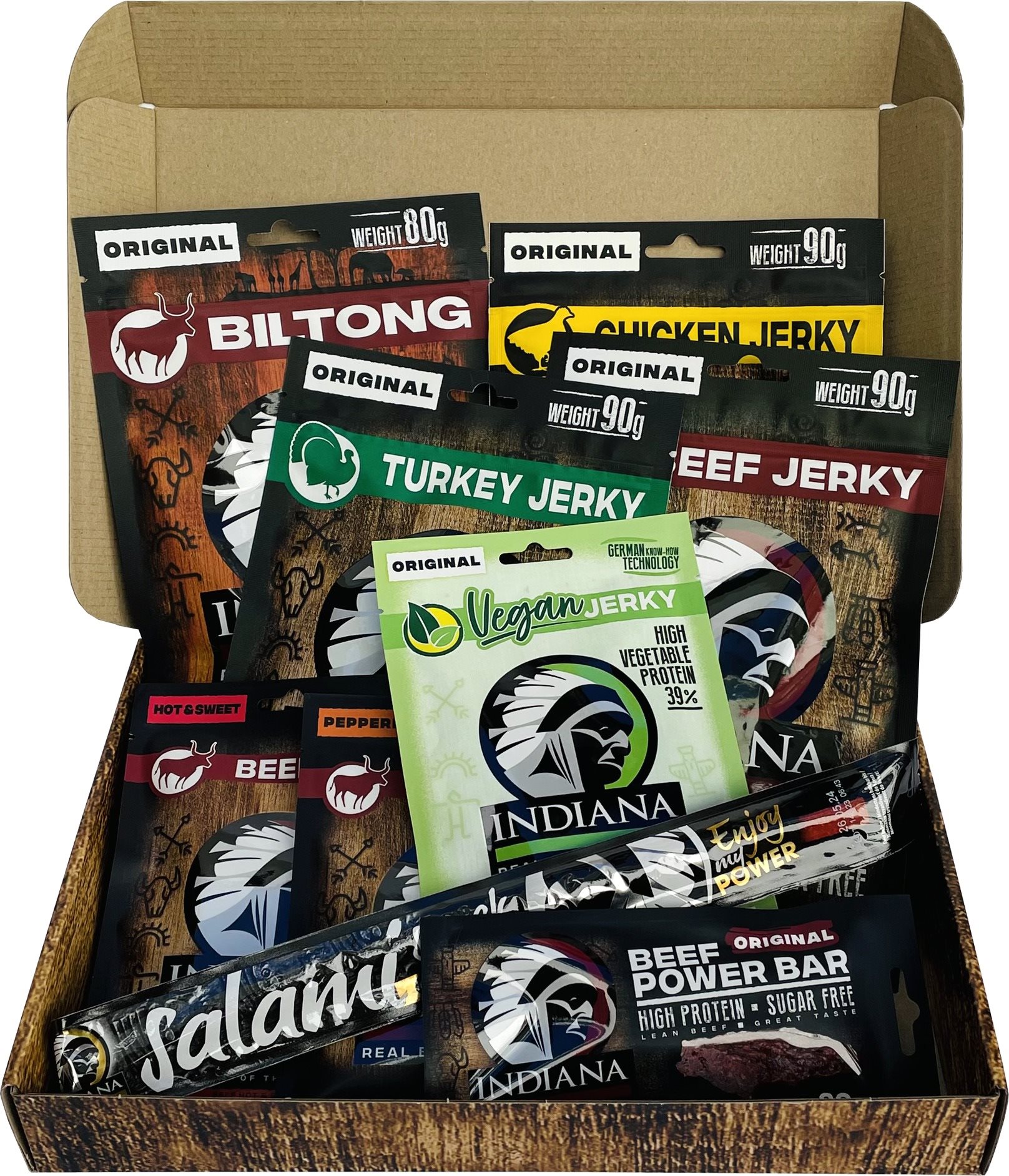 INDIANA Jerky darčeková kazeta 458 g – 9 ks Sušené mäso