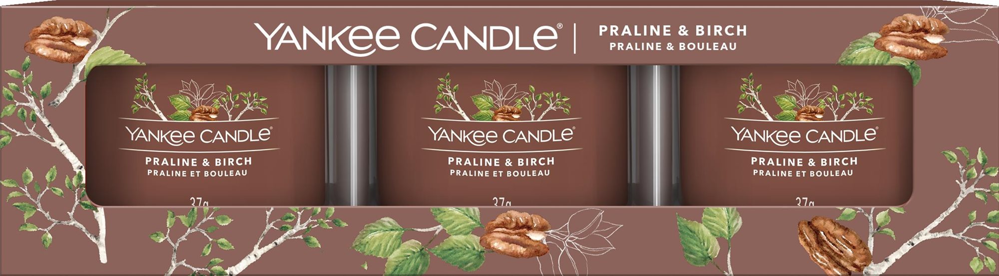 YANKEE CANDLE Praline & Birch 3× 37 g Darčeková sada