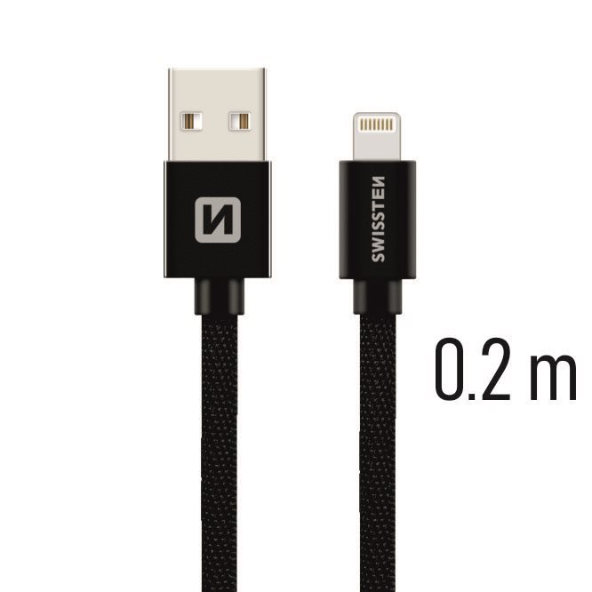 Swissten Textile Data Cable Lightning 0.2m Black Data Cable
