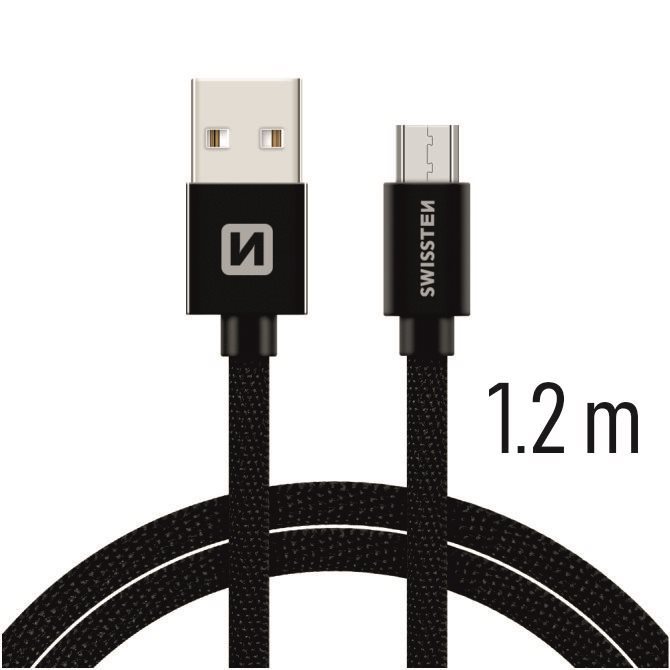 Swissten textilní datový kabel micro USB 1.2m černý Datový kabel