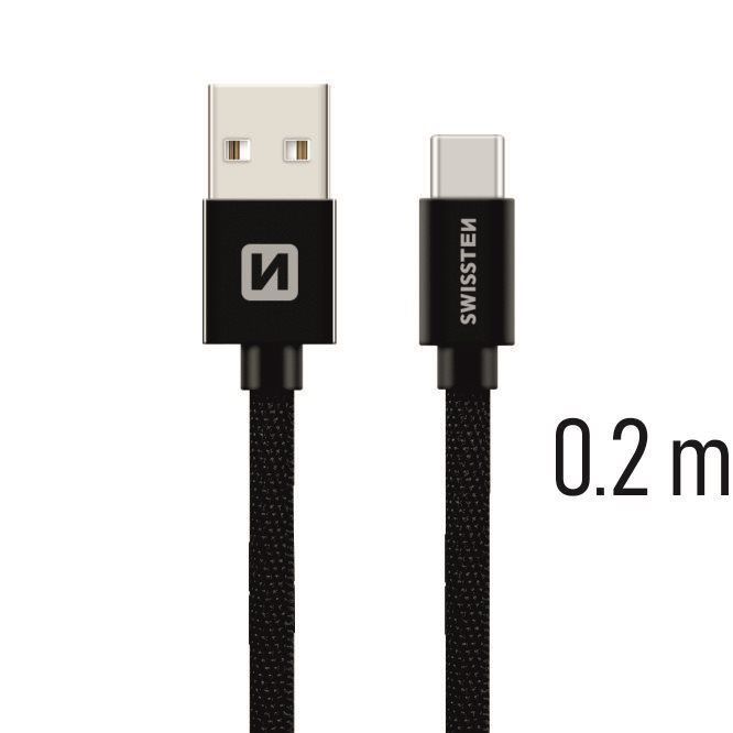 Câble de données textile Swissten USB-C 0,2 m noir Câble de données