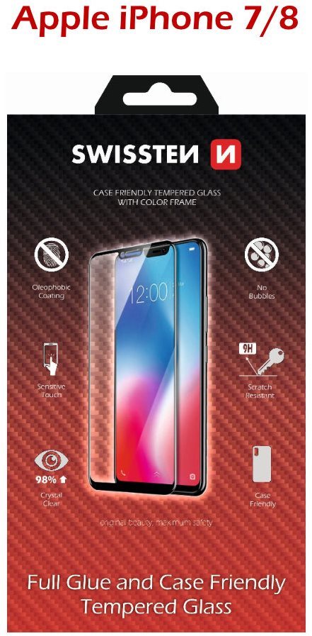 Swissten Case Friendly for iPhone 7/8, Black Glass Screen Protector