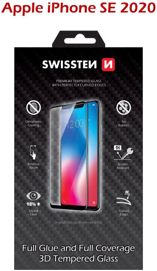 Swissten 3D Full Glue for iPhone SE 2020, Black Glass Screen...