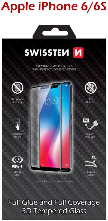 Swissten 3D Full Glue for iPhone 6/6S, Black Glass Screen Protector