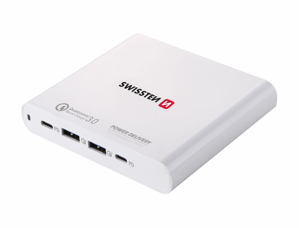 Swissten Ladegerät für Laptops 87 Watt - 2 x USB - 2 x USB-C...