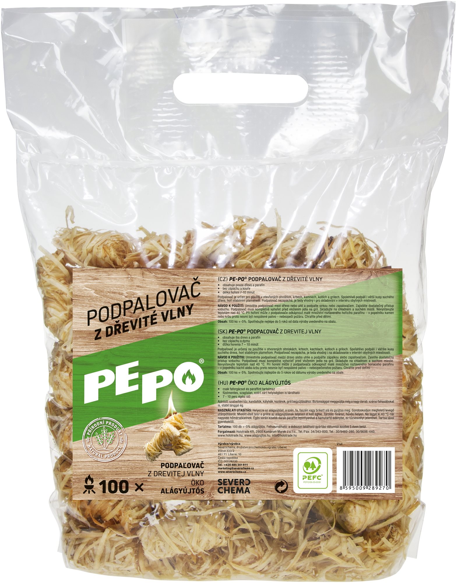 PE-PO podpaľovač z drevitej vlny 100 ks PEFC Podpaľovač