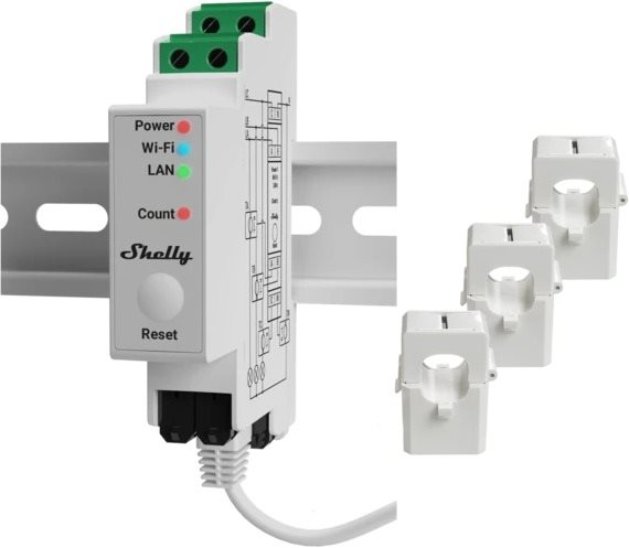 Shelly Pro 3EM, fogyasztásmérő, 3 csipesz, 120 A, WiFi, LAN, BT...