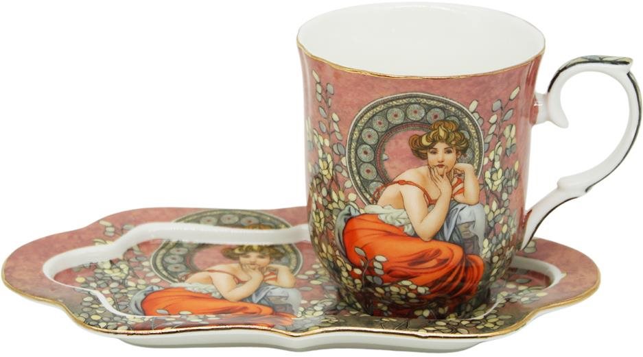 Home Elements Porcelánový hrnek 360 ml s podtáckem, Mucha tmavý Hrnek