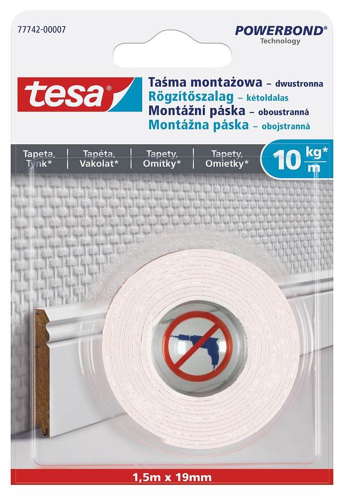 Tesa - Montážna obojstranná páska na tapety a omietku, 10 kg/m...