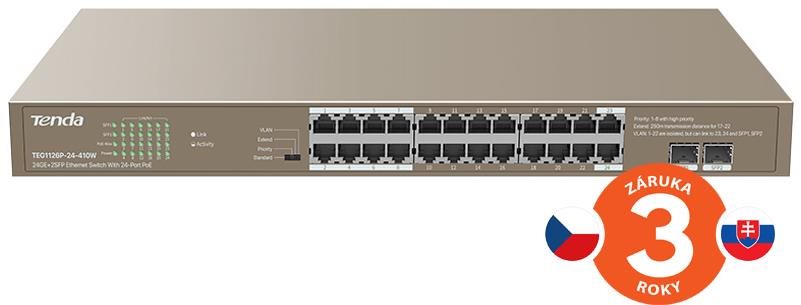 Tenda TEG1126P-24-410W 24x PoE AF/AT Gigabit Switch + 2x SFP, PoE...