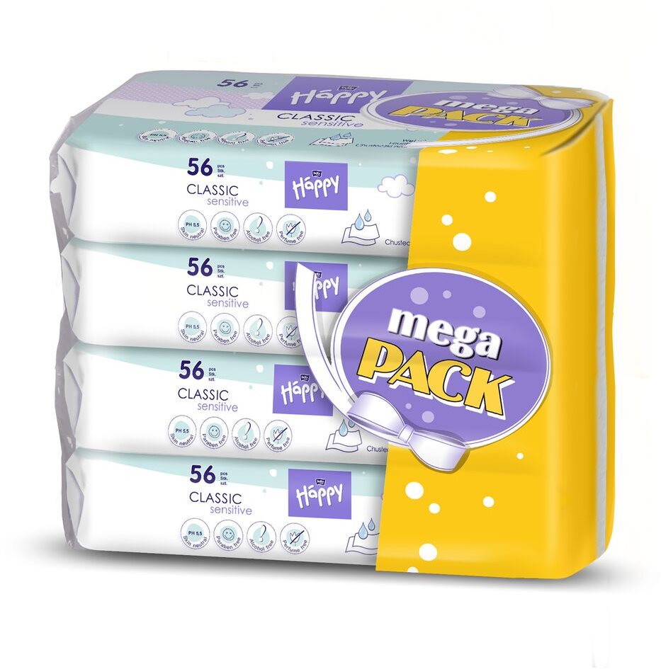 BELLA Happy Classic Sensitive (4× 56 ks) Dětské vlhčené ubrousky