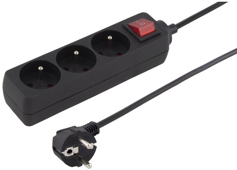 PremiumCord Extension, 230V, 2m, 3 Sockets + Switch, Black...