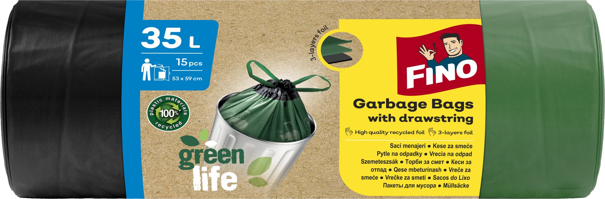 FINO LD Vrecia Green Life zaťahovacie 35 l, 15 ks Eko vrecia na odpad
