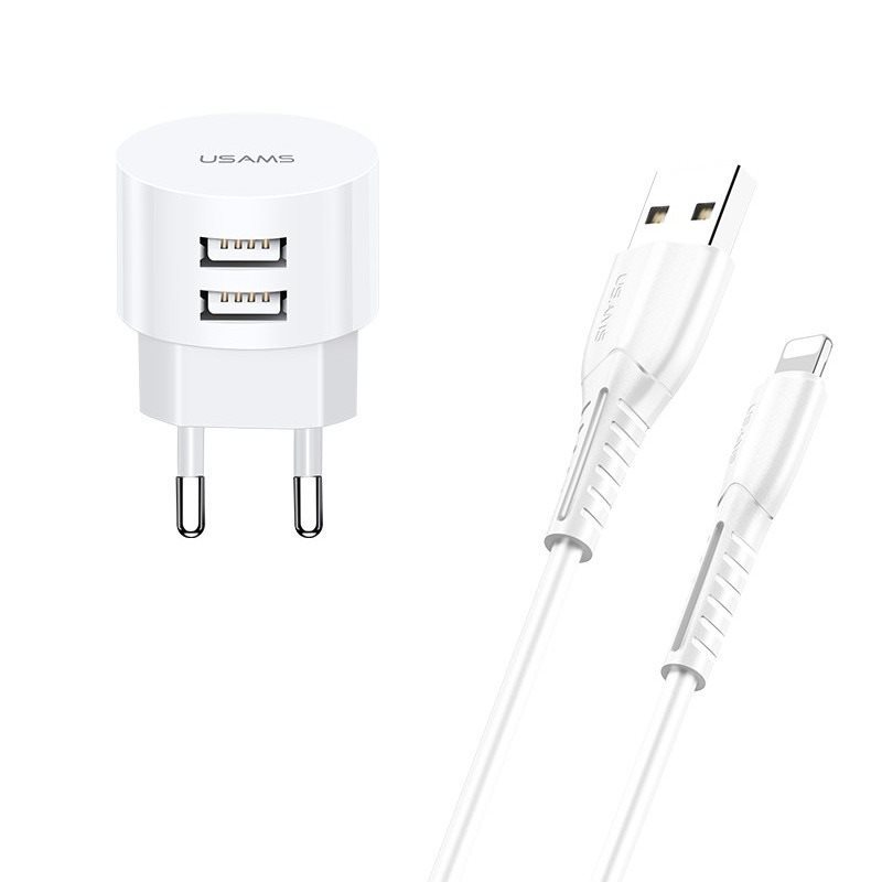 USAMS T20 Dual USB Round Travel Charger + U35 Lightning Cable White...