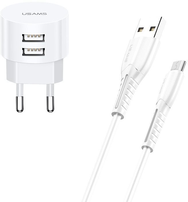 USAMS T20 Dual USB Round Travel Charger + U35 micro USB Cable White...