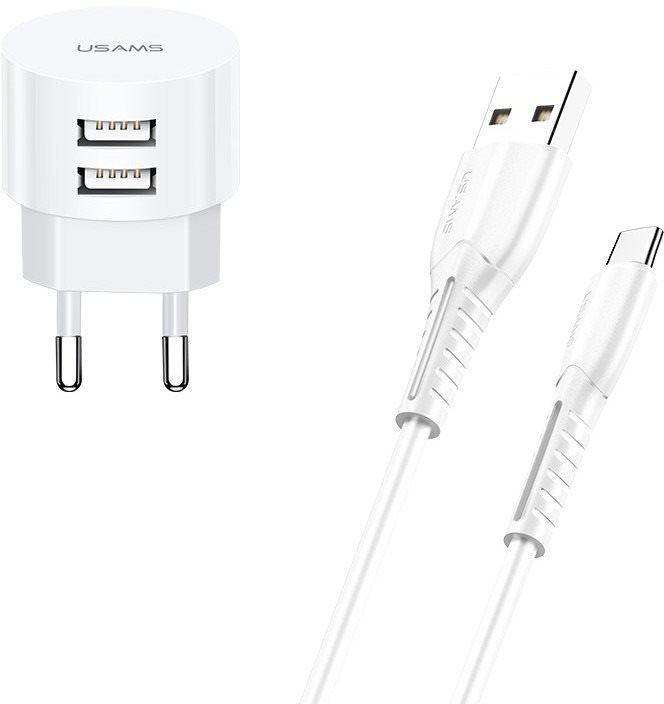 USAMS T20 Dual USB Round Travel Charger + U35 USB-C Cable White AC...