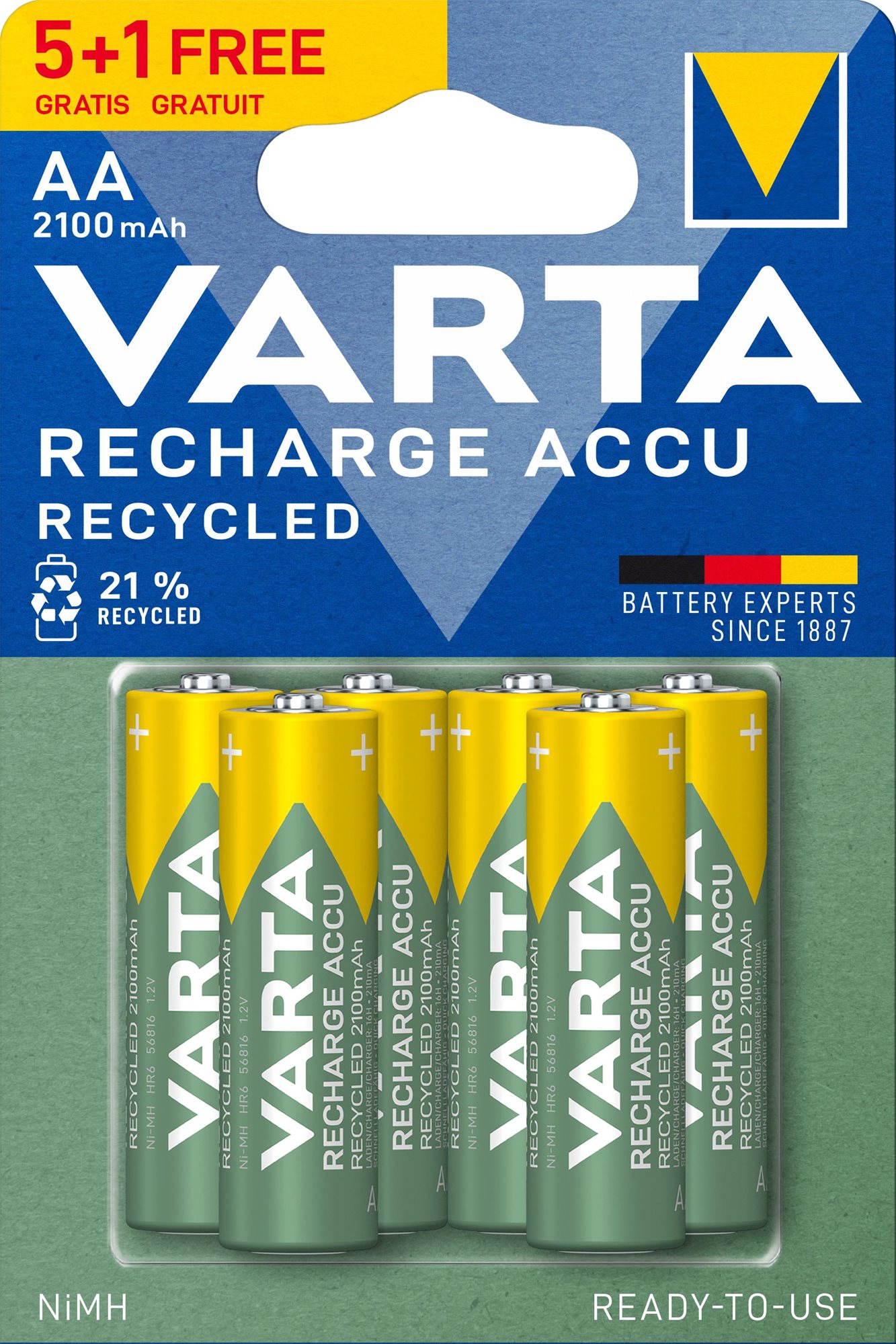 VARTA Recharge Accu Recycled Tölthető elem AA 2100 mAh R2U 5+1 db...