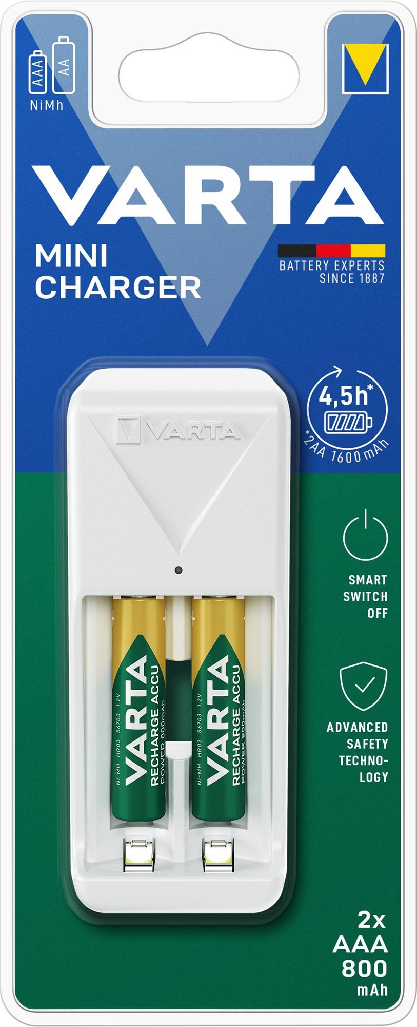 VARTA Mini-Ladegerät + 2 AAA 800 mAh Ladegerät mit Ersatzakku