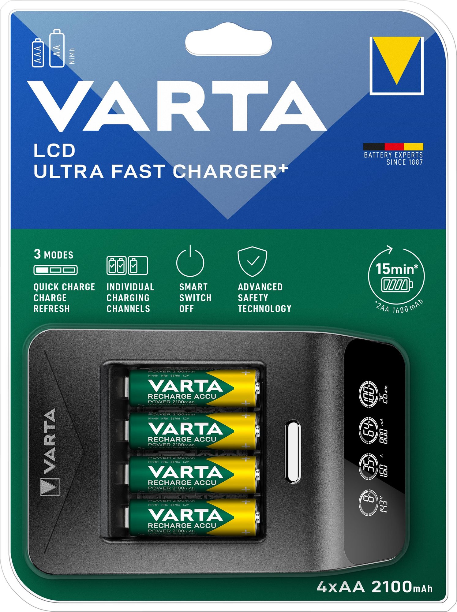 VARTA LCD-Ladegerät Ultra Fast Ch. + 4x AA 56706 2100mAh + 12V...