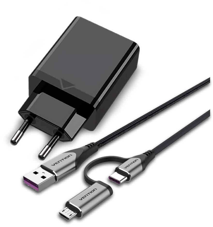Set Vention 1-port USB Quick Charger (18 W), fekete + USB 2.0 to...
