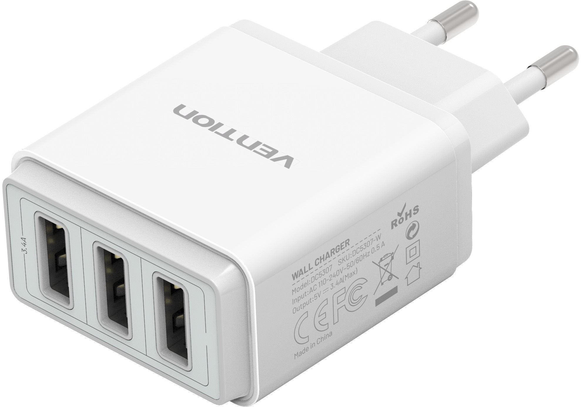 Vention Smart 3-Port USB Wall Charger 17W (3x 2.4A) White AC Adapter